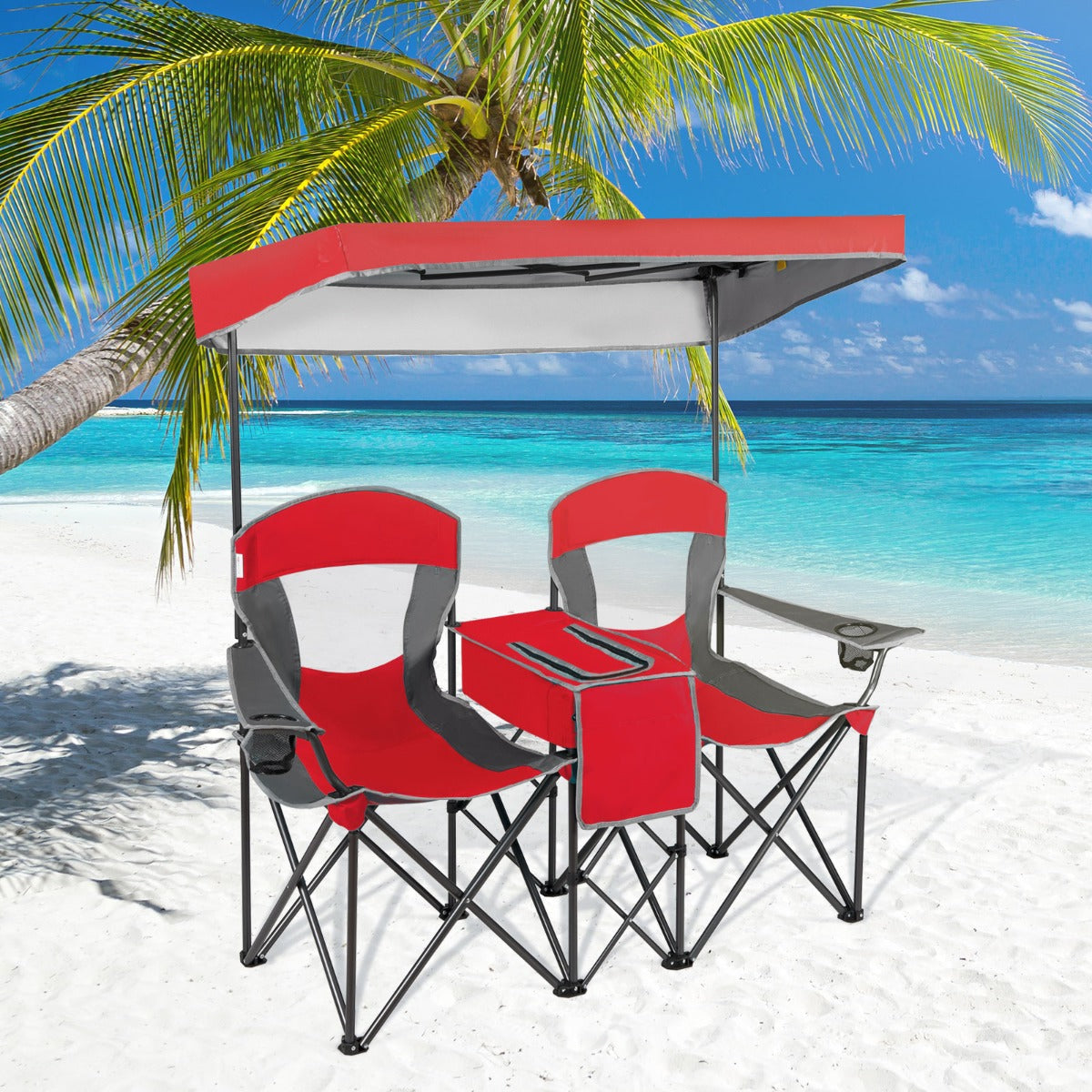 Double Folding Camping Chair with Canopy and Armrests-Red