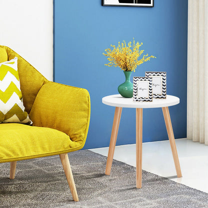 Round Occasional/Side Table with Natural Wood Legs for Home and Office-White