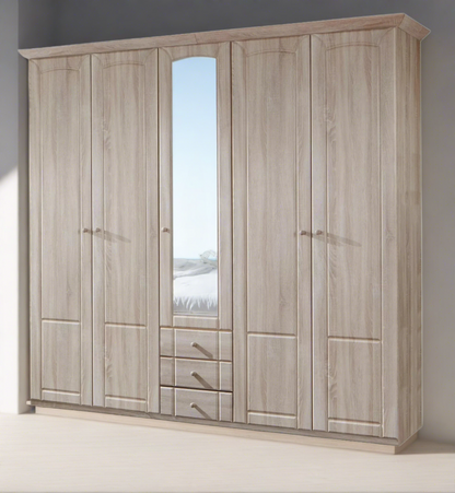 Vilma 5 Door 3 Drawer Mirrored Wardrobe - Oak