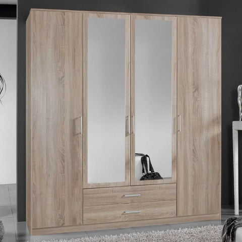 Oscar 4 Door 2 Drawer Mirrored Wardrobe - Oak or Walnut