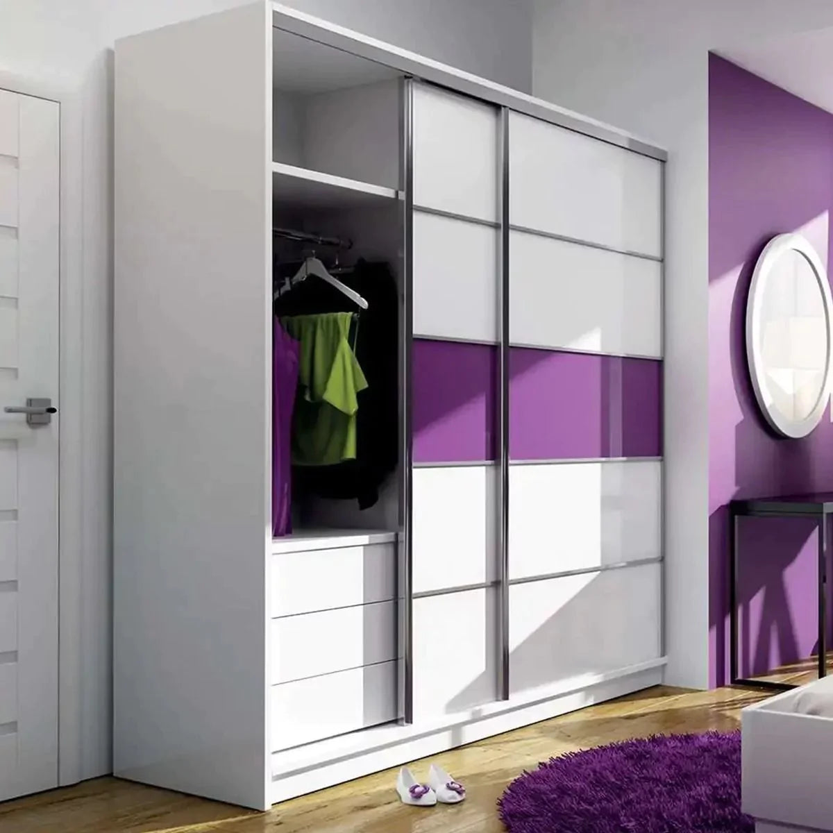 Dublin 2 Sliding Door 226cm Wardrobe White with Purple Stripe