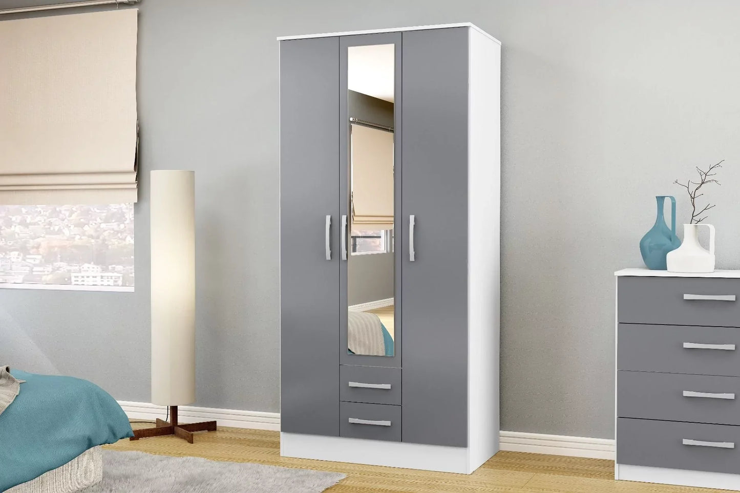 Lynx 3 Door 2 Drawer Mirrored Wardrobe - White and Grey