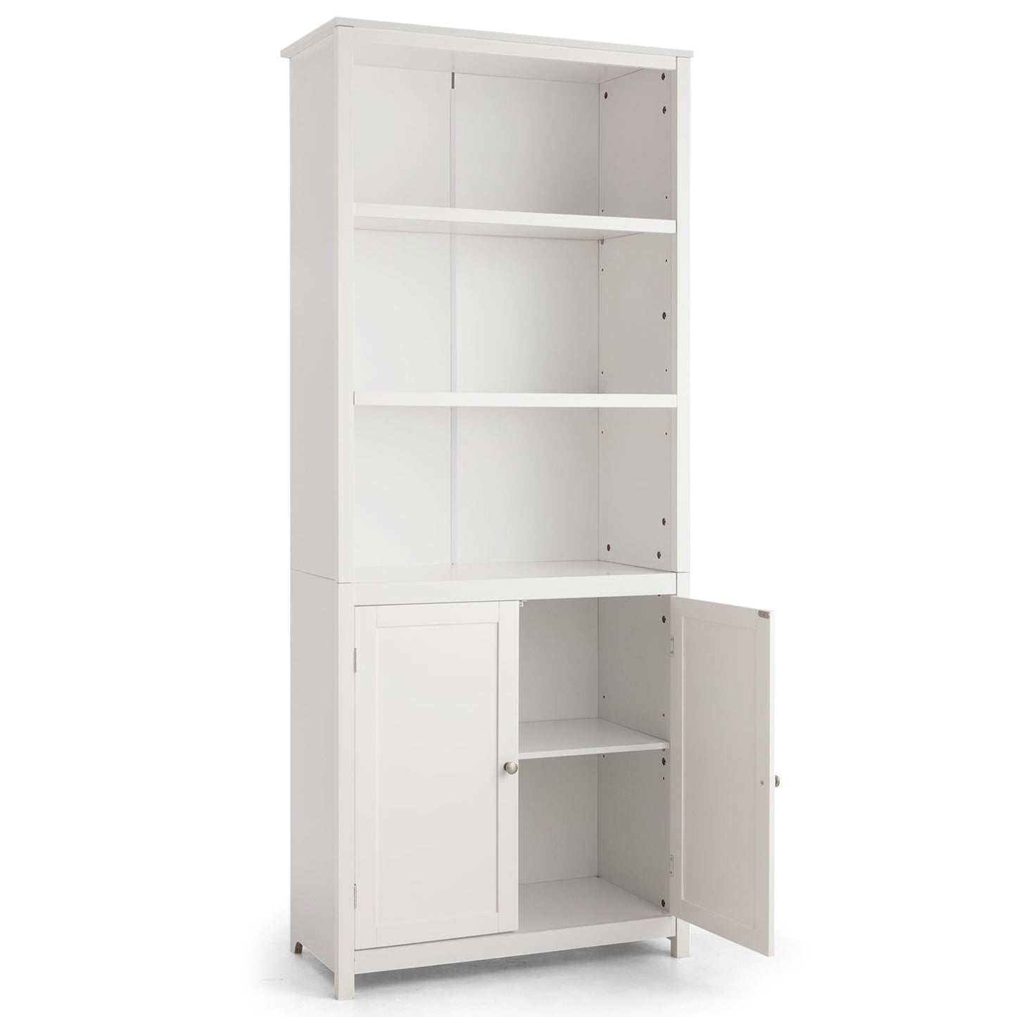 3-Shelf Bookcase with Double Doors & Adjustable Shelves & Cabinet-White