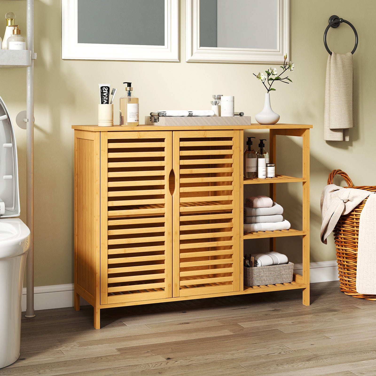 2-Door Bamboo Bathroom Cabinet with Shelves-Natural