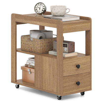 Modern 2-Drawer Sofa Side Table with Open Shelves-Natural