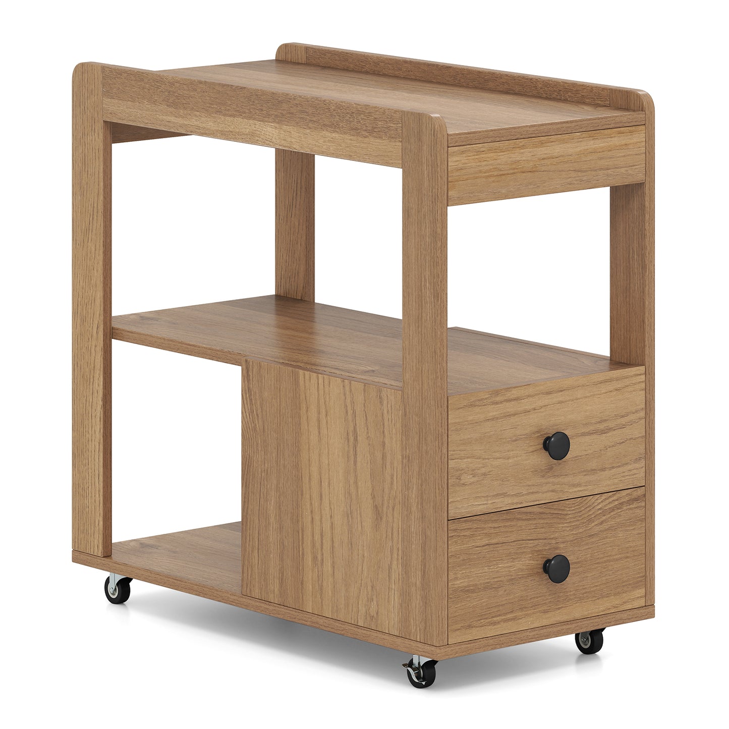 Modern 2-Drawer Sofa Side Table with Open Shelves-Natural