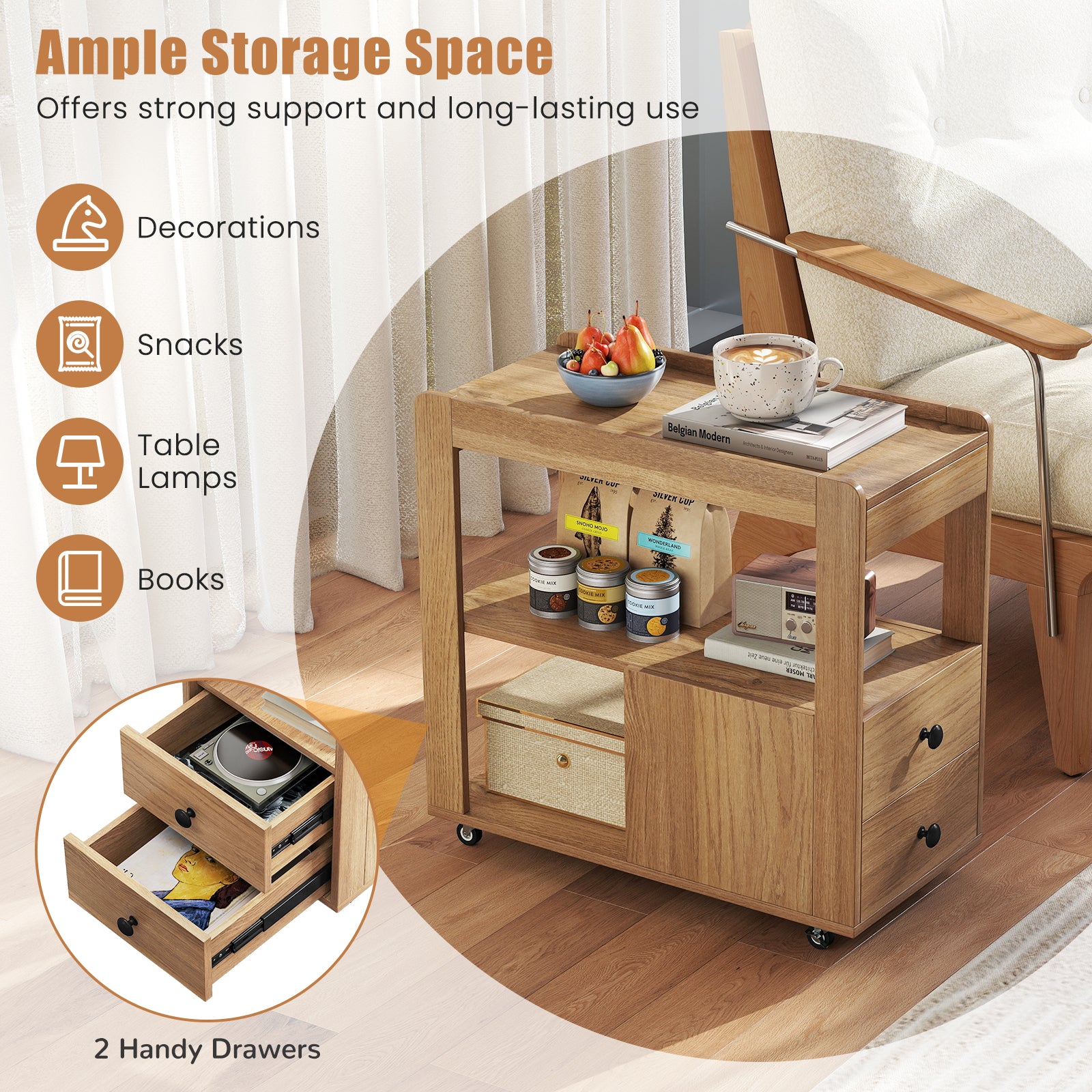 Modern 2-Drawer Sofa Side Table with Open Shelves-Natural
