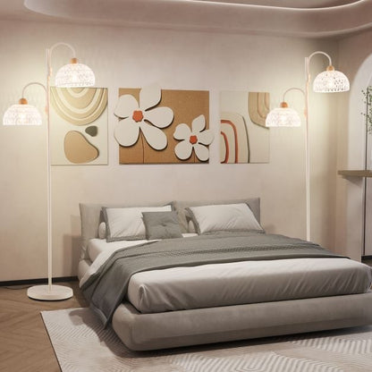 2 Light Floor Lamp with Foot Switch and Woven Lampshades-White