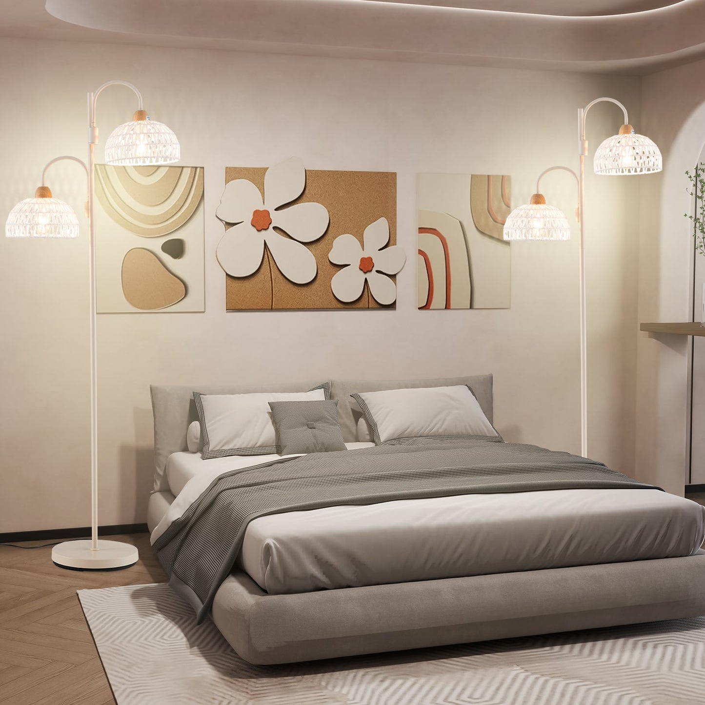 2 Light Floor Lamp with Foot Switch and Woven Lampshades-White