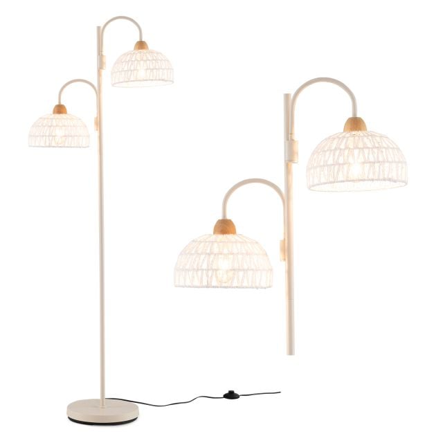2 Light Floor Lamp with Foot Switch and Woven Lampshades-White
