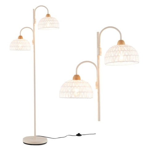 2 Light Floor Lamp with Foot Switch and Woven Lampshades-White