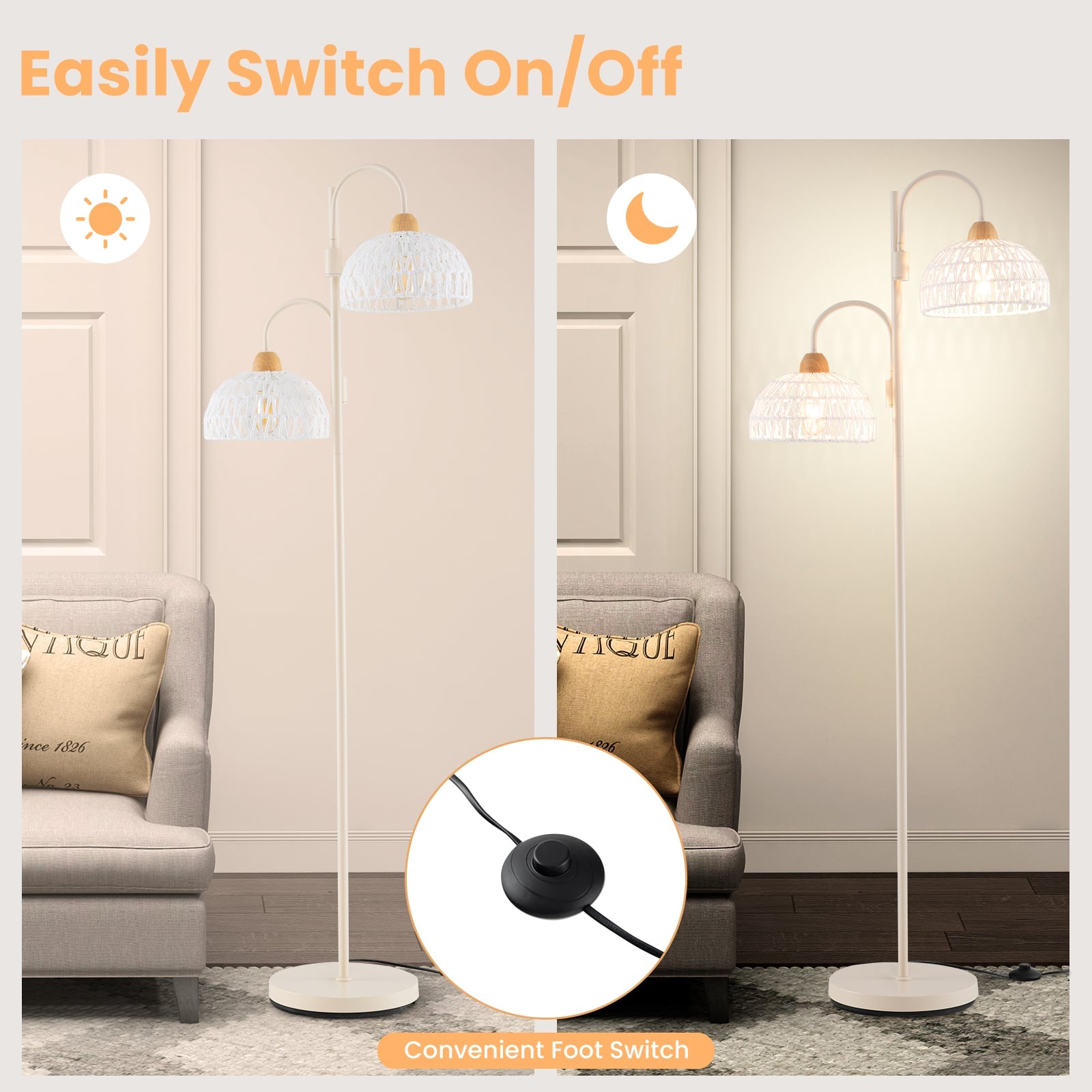 2 Light Floor Lamp with Foot Switch and Woven Lampshades-White