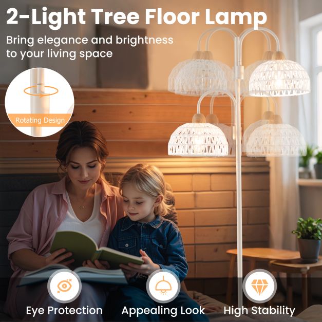 2 Light Floor Lamp with Foot Switch and Woven Lampshades-White