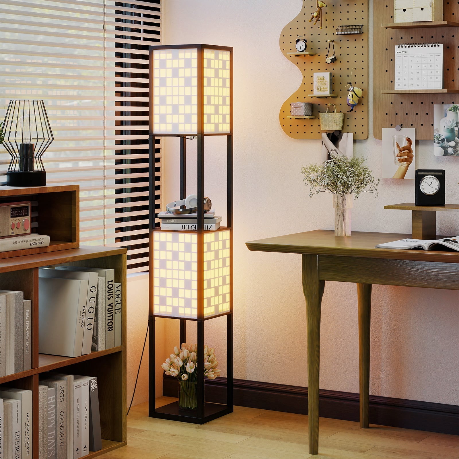 2-Light Floor Lamp with Shelves Wooden Shelf Lamp with 2 Cut-out Patterned Lampshades-Size 1