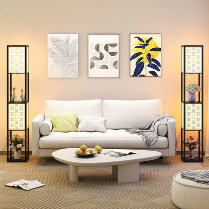 2-Light Floor Lamp with Shelves Wooden Shelf Lamp with 2 Cut-out Patterned Lampshades-Size 1