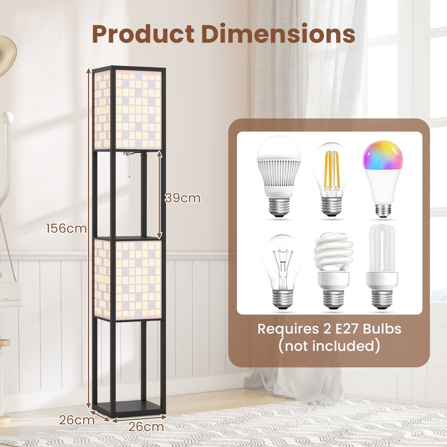 2-Light Floor Lamp with Shelves Wooden Shelf Lamp with 2 Cut-out Patterned Lampshades-Size 1