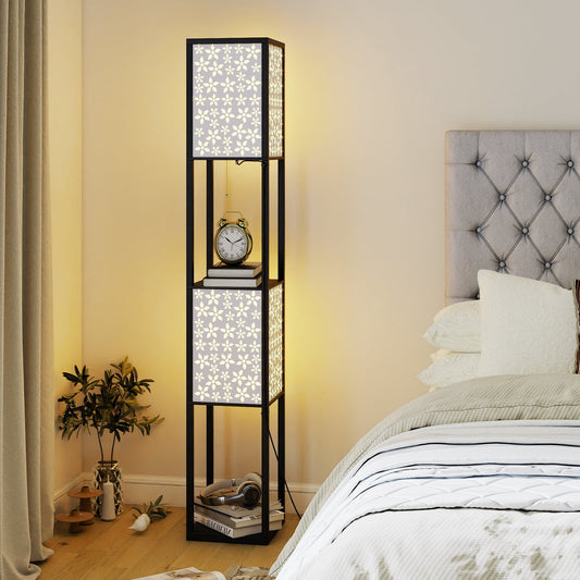 2-Light Floor Lamp with Shelves Wooden Shelf Lamp with 2 Cut-out Patterned Lampshades-Size 2