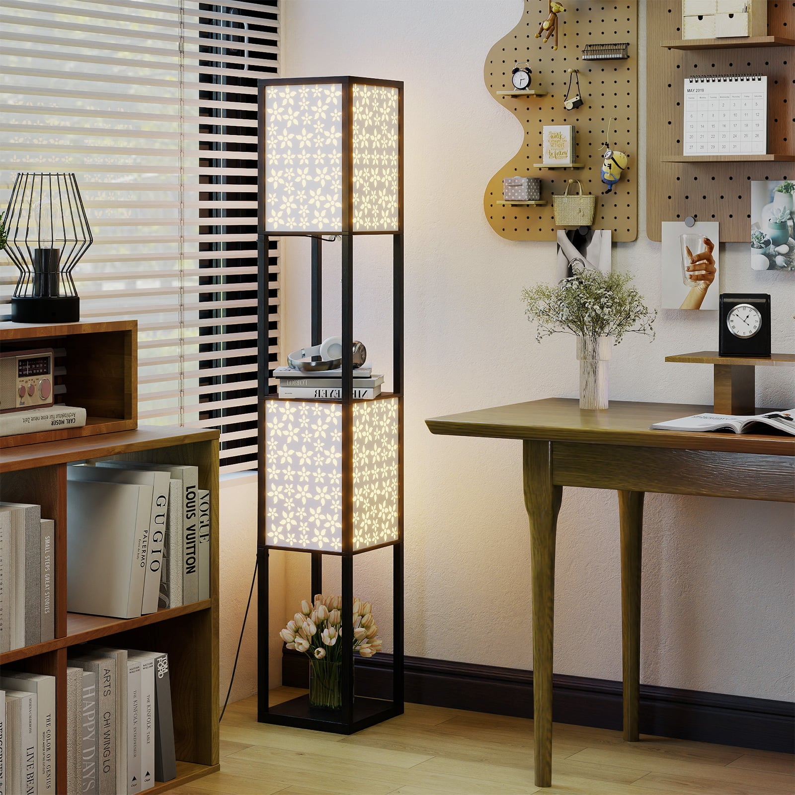 2-Light Floor Lamp with Shelves Wooden Shelf Lamp with 2 Cut-out Patterned Lampshades-Size 2