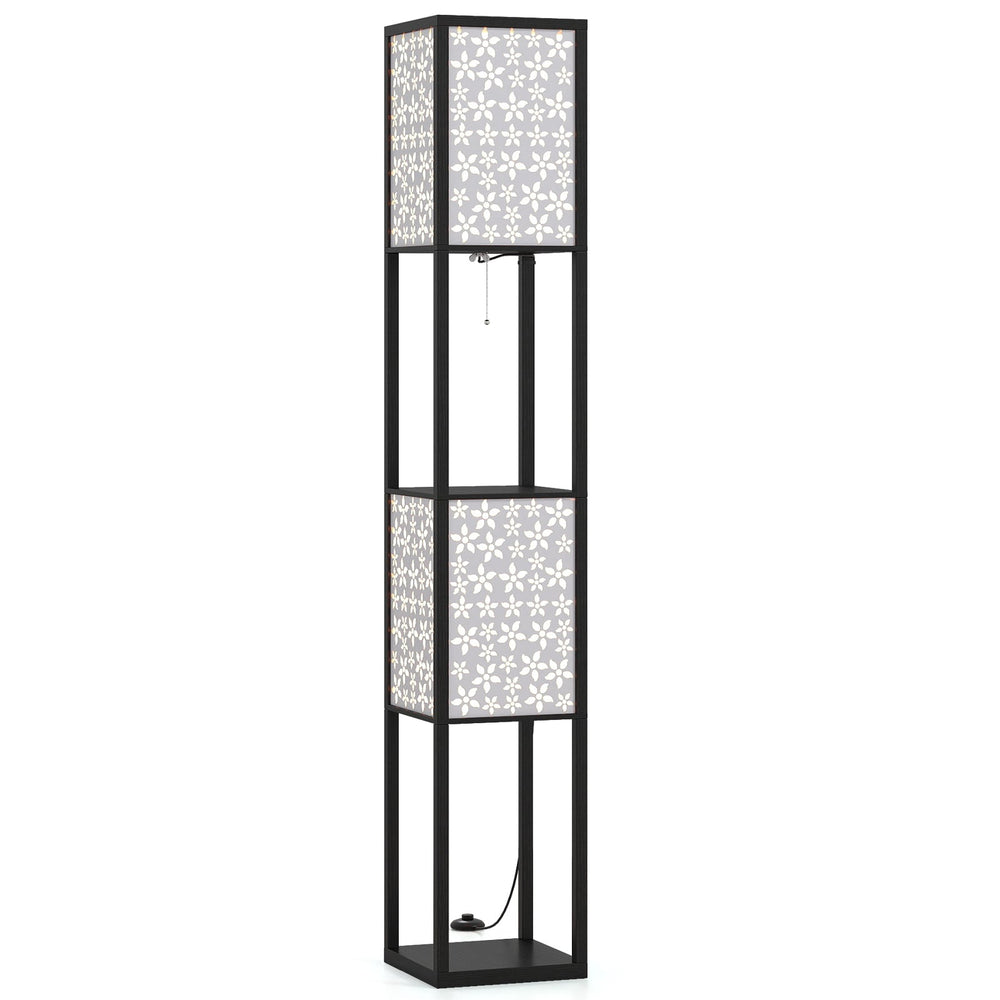 2-Light Floor Lamp with Shelves Wooden Shelf Lamp with 2 Cut-out Patterned Lampshades-Size 2