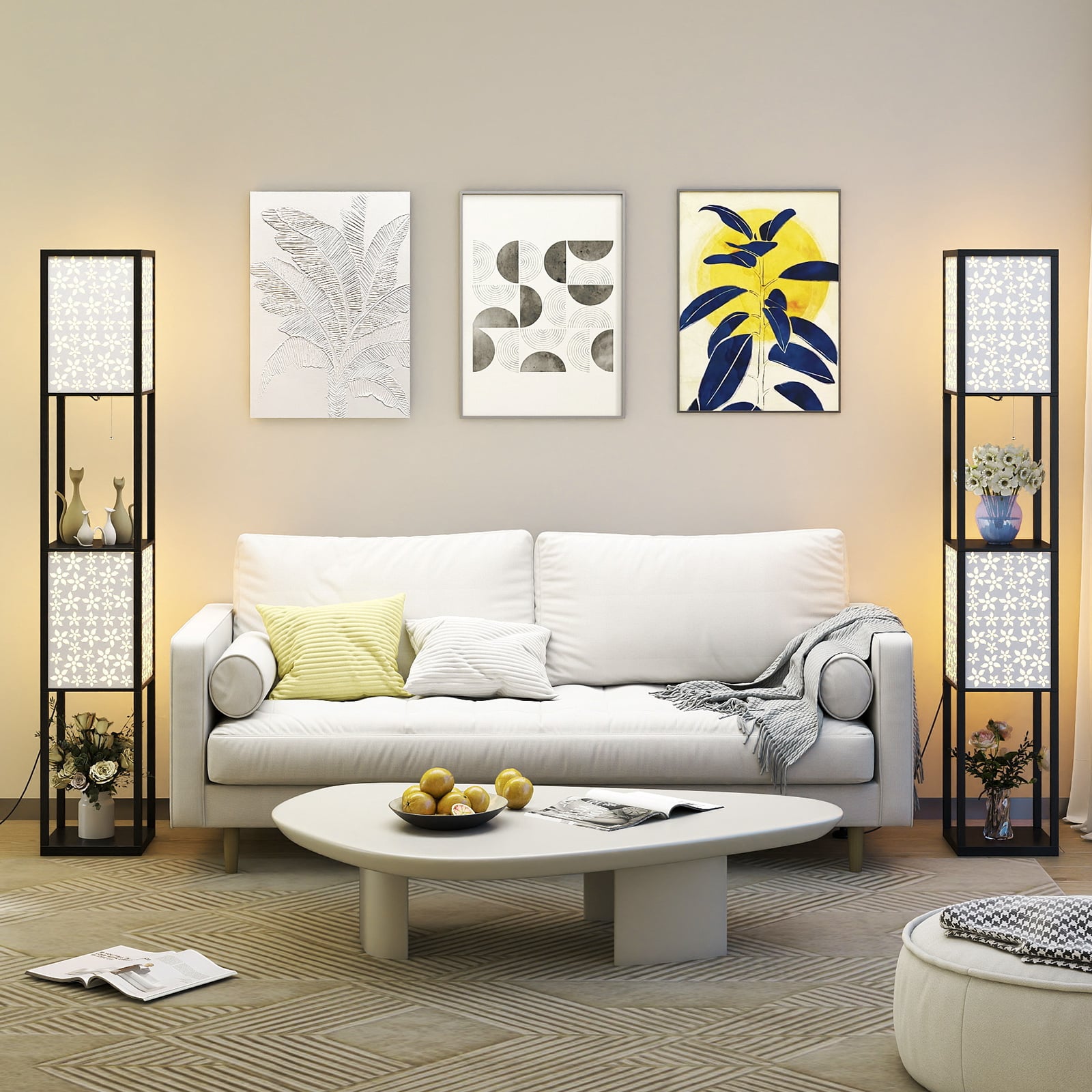 2-Light Floor Lamp with Shelves Wooden Shelf Lamp with 2 Cut-out Patterned Lampshades-Size 2
