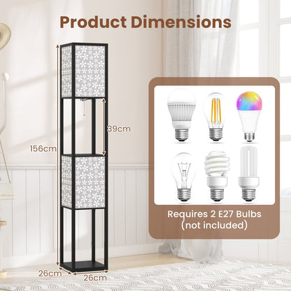 2-Light Floor Lamp with Shelves Wooden Shelf Lamp with 2 Cut-out Patterned Lampshades-Size 2