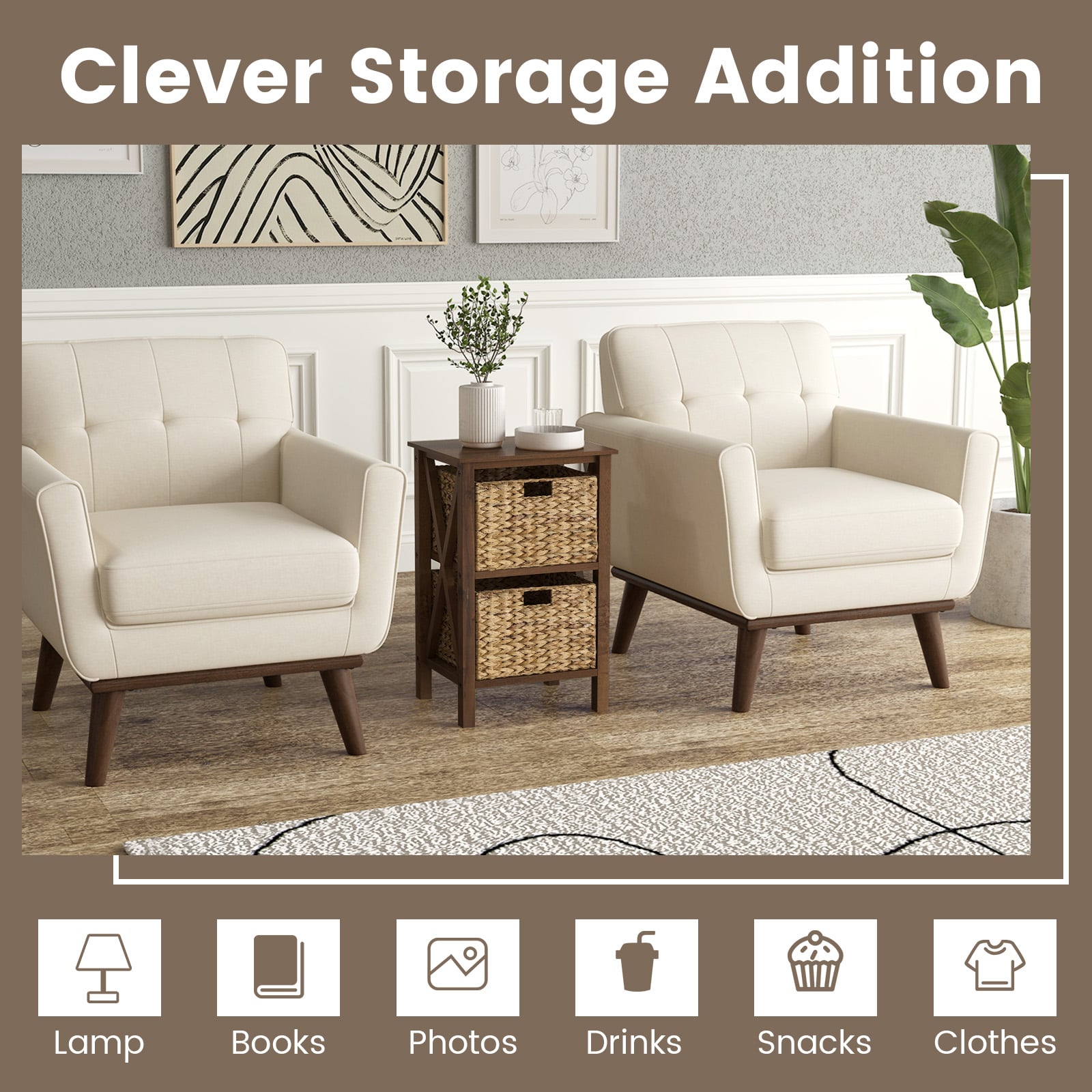 Set of 2 Nightstands Drawer Sofa Side Table with Seagrass Baskets-Walnut-2-Tier
