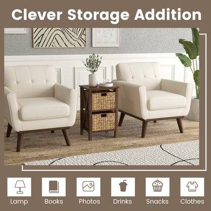 Set of 2 Nightstands Drawer Sofa Side Table with Seagrass Baskets-Walnut-2-Tier