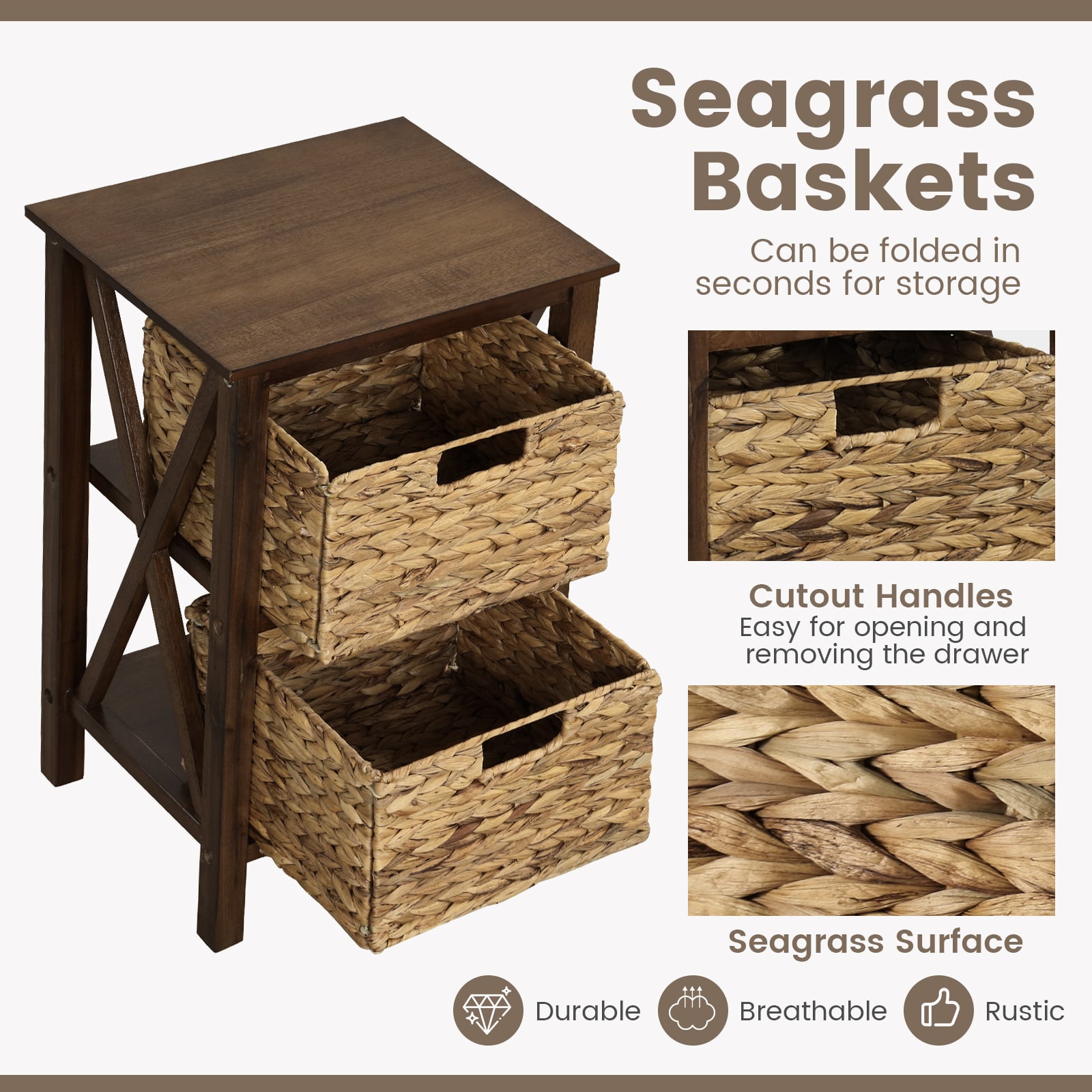 Set of 2 Nightstands Drawer Sofa Side Table with Seagrass Baskets-Walnut-2-Tier