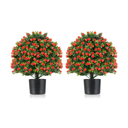 2 Pack Artificial Rose Topiary Ball Tree Faux Shrub Bushes-Red