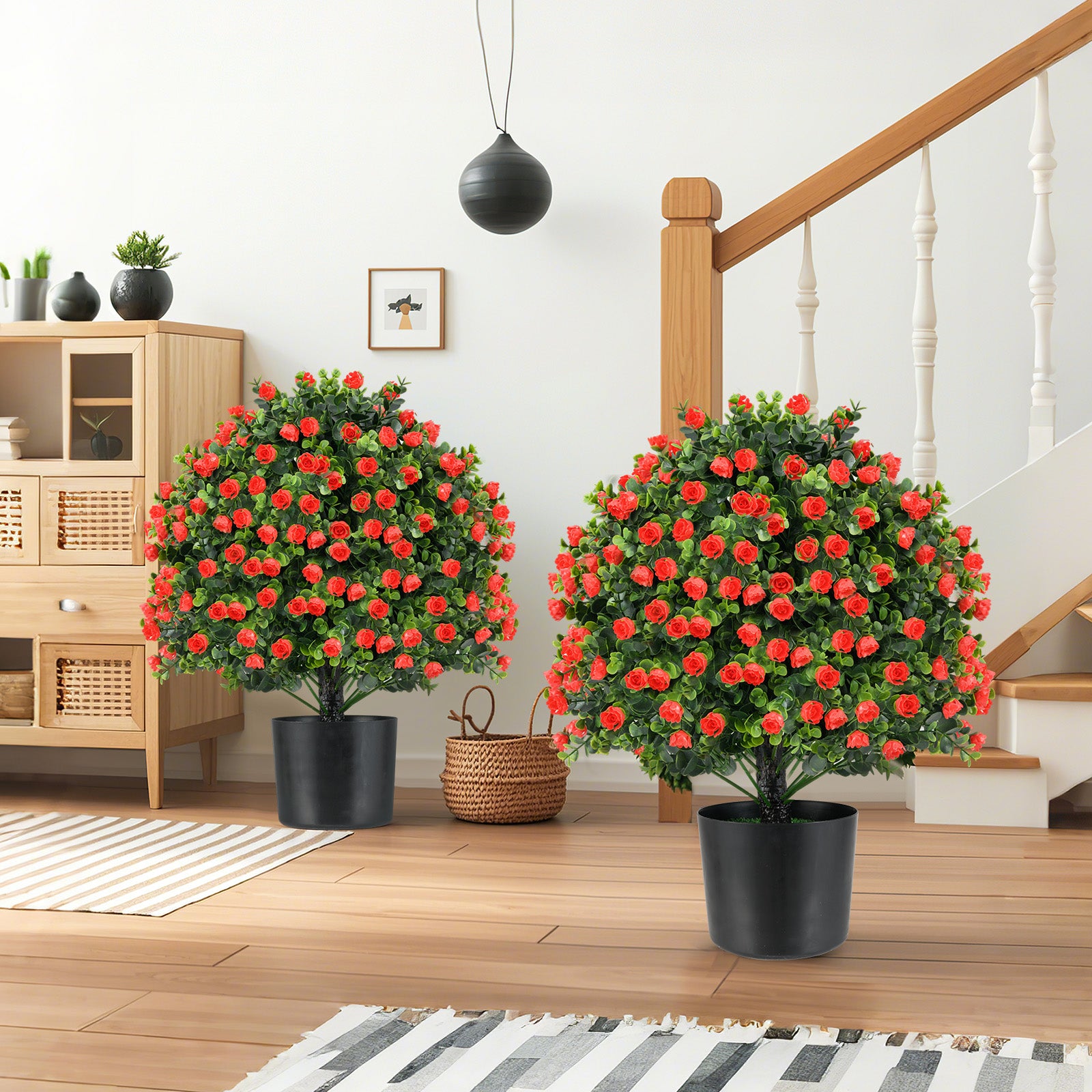 2 Pack Artificial Rose Topiary Ball Tree Faux Shrub Bushes-Red