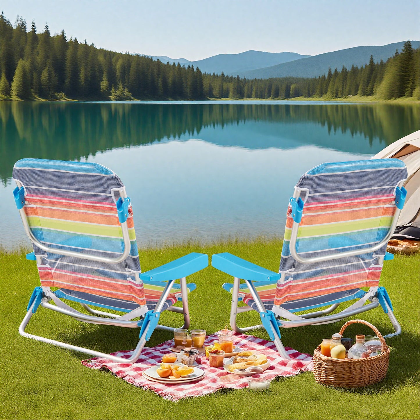 2 Pack Foldable Beach Chair with Armrests and Carry Strap-Colourful-S