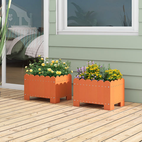 2 Pack Rectangular Planter Box HDPE Flower Pot with Drainage Gaps-Orange