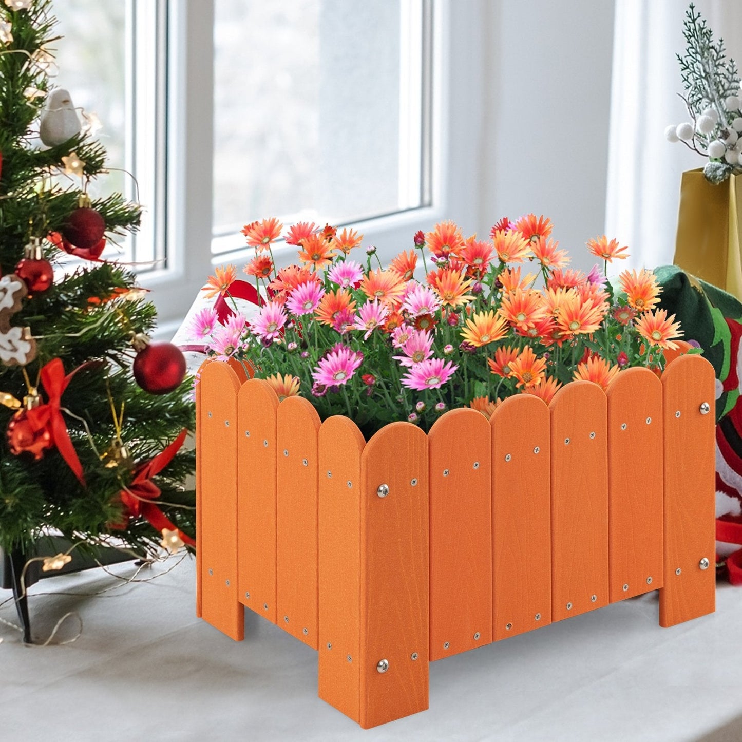 2 Pack Rectangular Planter Box HDPE Flower Pot with Drainage Gaps-Orange