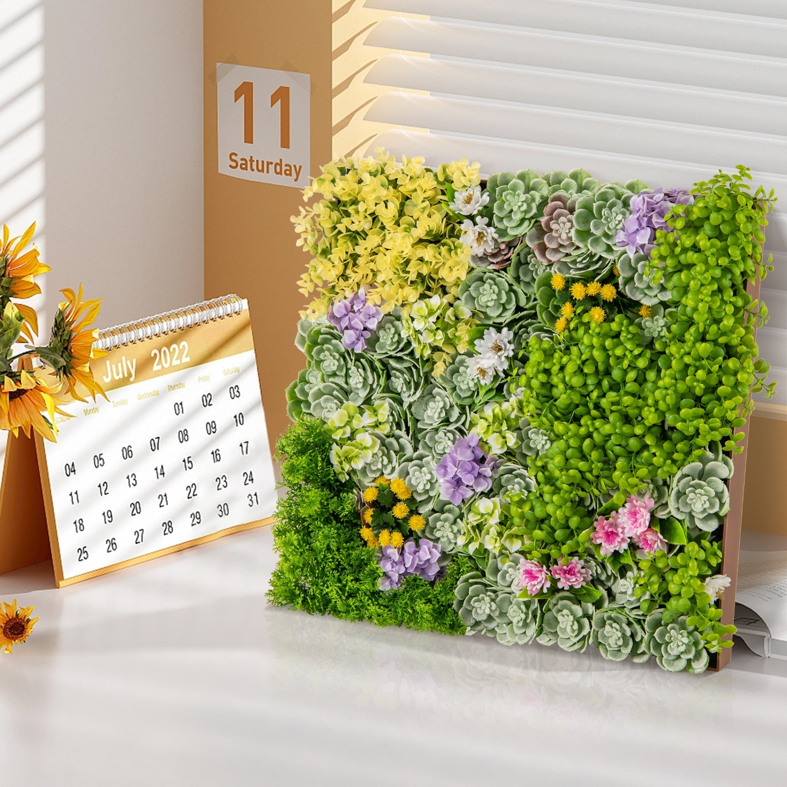 2 Pack Square Framed Artificial Foliage Wall Art with 10 Types of Mixed Faux Plants