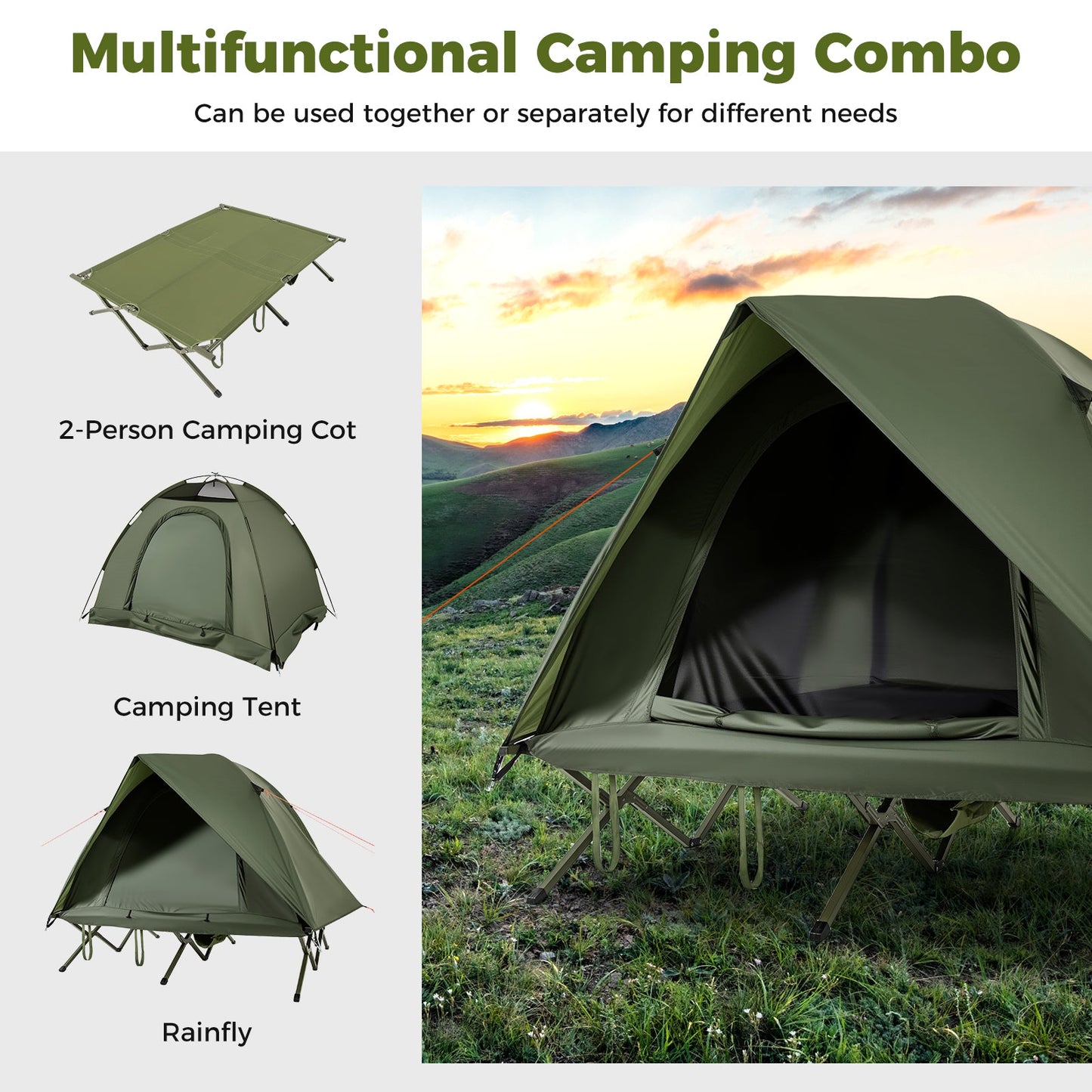 2-Person Camping Cot Tent Foldable Off-Ground Camping Combo for Adults-Green