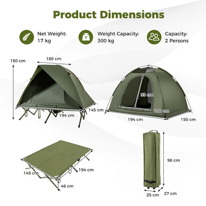 2-Person Camping Cot Tent Foldable Off-Ground Camping Combo for Adults-Green