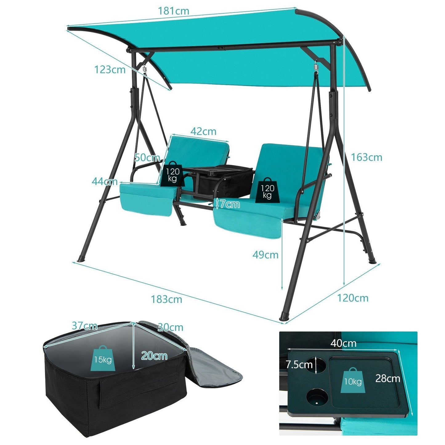 2 Person Outdoor Porch Swing with Canopy and 23L Cooler Bag-Turquoise