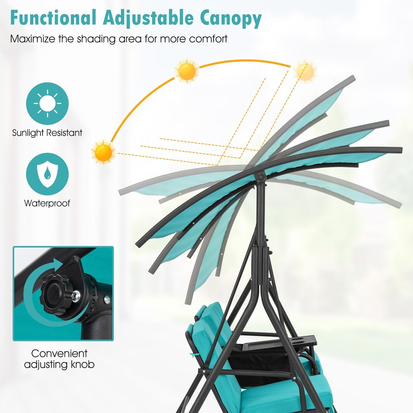 2 Person Outdoor Porch Swing with Canopy and 23L Cooler Bag-Turquoise