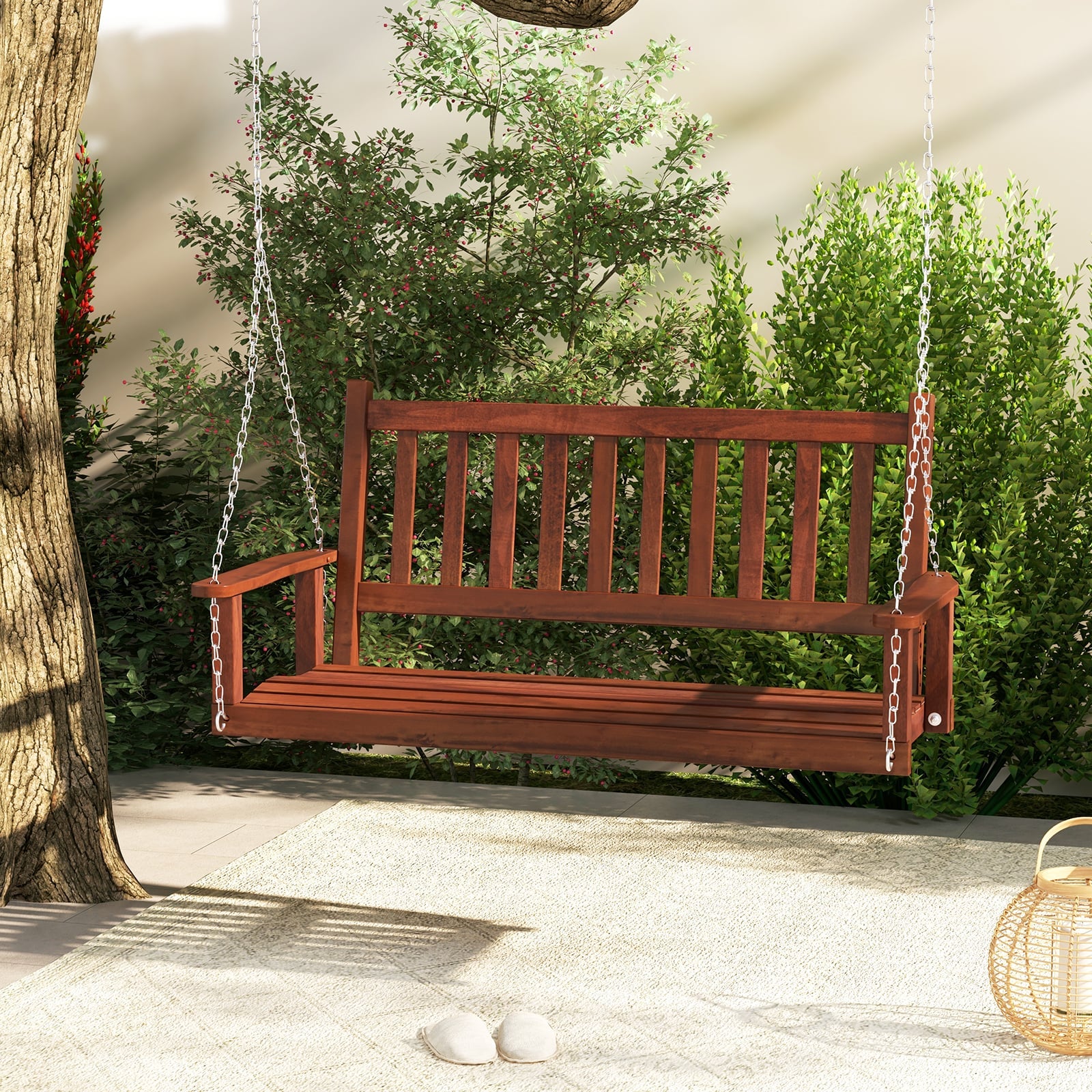 2/3 Person Wooden Outdoor Porch Swing with Adjustable Upper Chains-Brown-2 Person