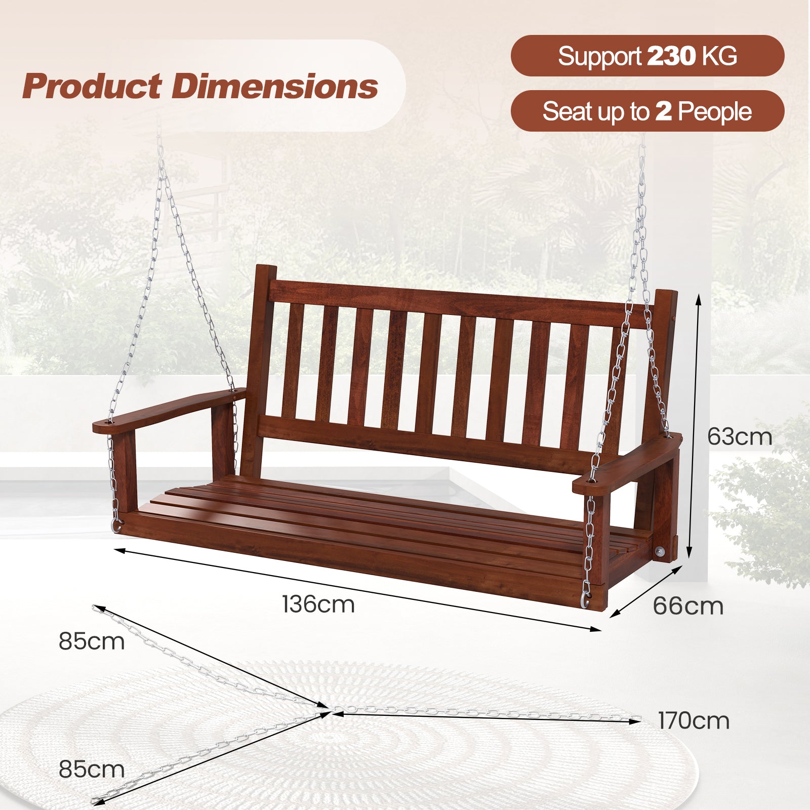 2/3 Person Wooden Outdoor Porch Swing with Adjustable Upper Chains-Brown-2 Person