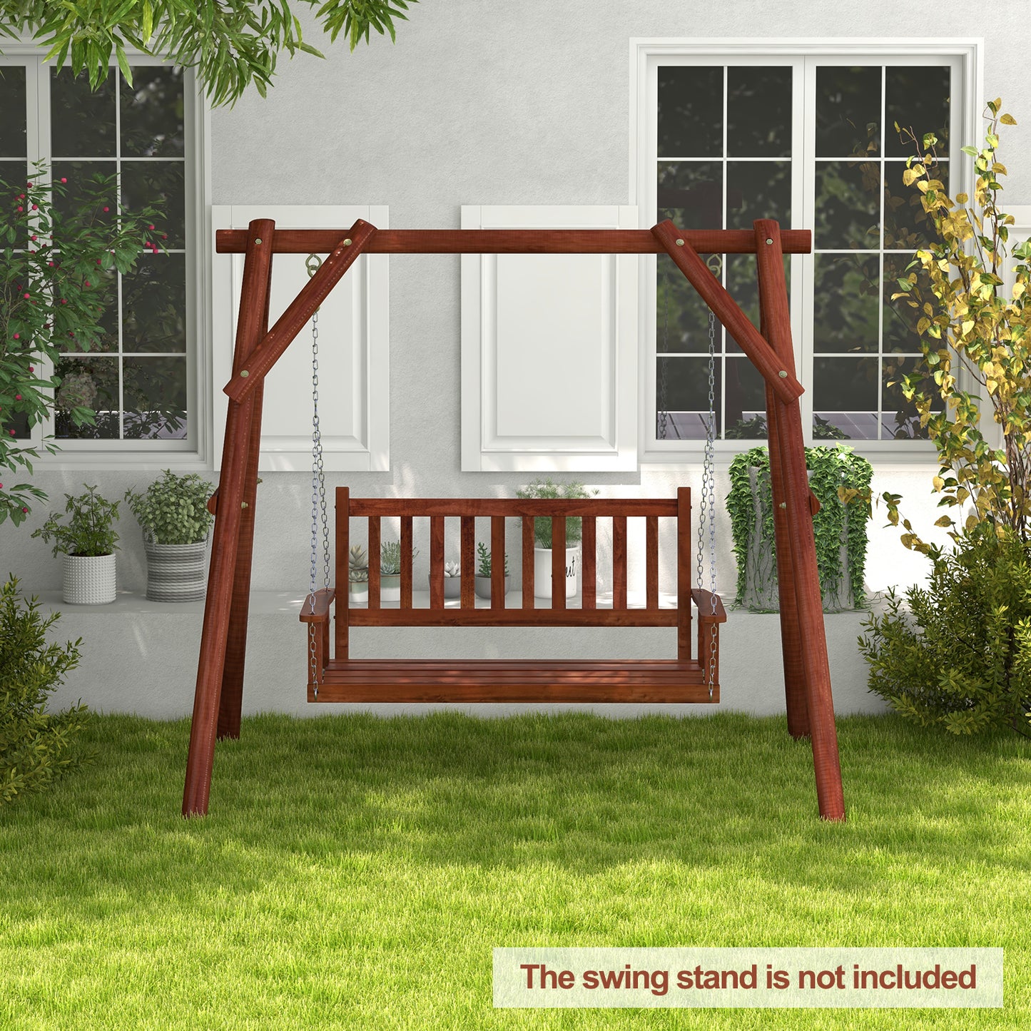 2/3 Person Wooden Outdoor Porch Swing with Adjustable Upper Chains-Brown-2 Person
