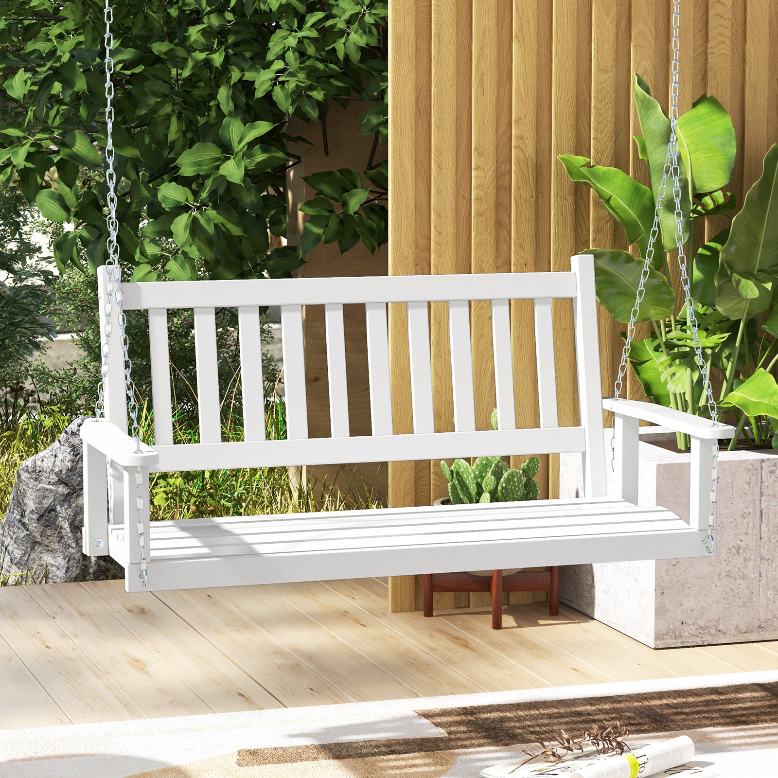 2/3 Person Wooden Outdoor Porch Swing with Adjustable Upper Chains-White-2 Person