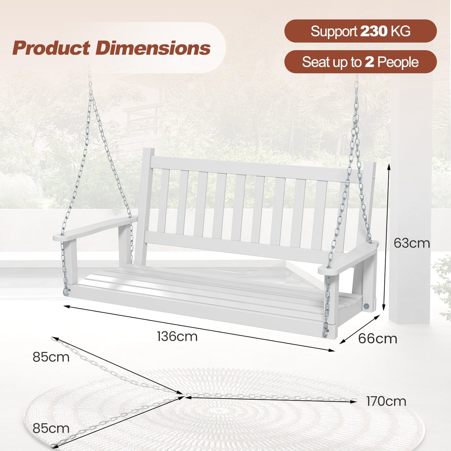 2/3 Person Wooden Outdoor Porch Swing with Adjustable Upper Chains-White-2 Person