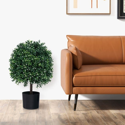 2 Piece Artificial Boxwood Topiary Ball Tree with UV Rated Leaves and 343 White Fruits