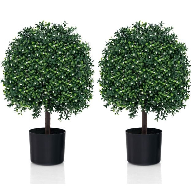 2 Piece Artificial Boxwood Topiary Ball Tree with UV Rated Leaves and 343 White Fruits