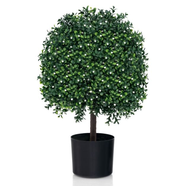 2 Piece Artificial Boxwood Topiary Ball Tree with UV Rated Leaves and 343 White Fruits