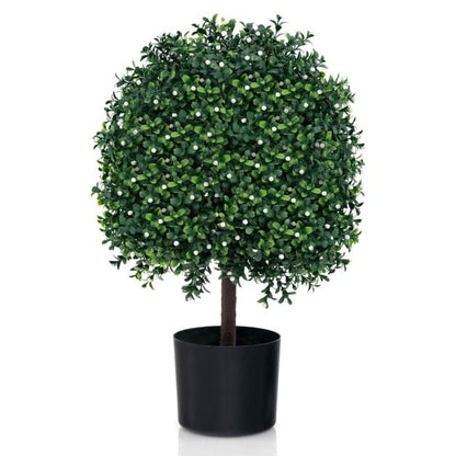 2 Piece Artificial Boxwood Topiary Ball Tree with UV Rated Leaves and 343 White Fruits