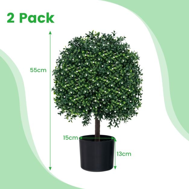 2 Piece Artificial Boxwood Topiary Ball Tree with UV Rated Leaves and 343 White Fruits