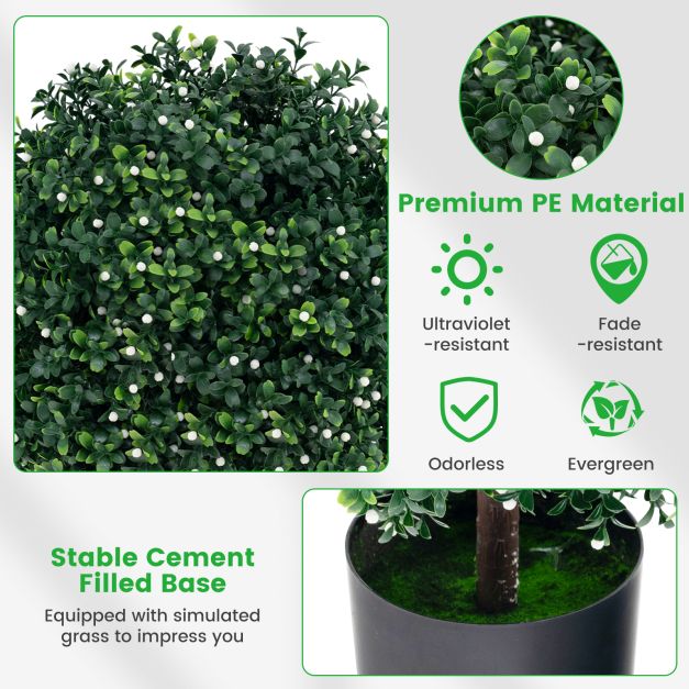 2 Piece Artificial Boxwood Topiary Ball Tree with UV Rated Leaves and 343 White Fruits