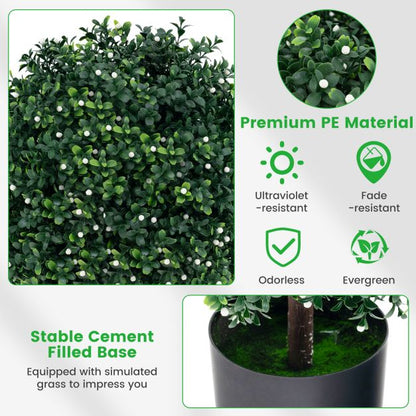 2 Piece Artificial Boxwood Topiary Ball Tree with UV Rated Leaves and 343 White Fruits